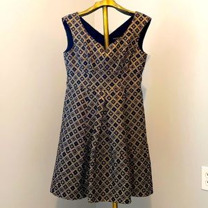 Nanette Lepore cocktail dress, black with gold & white geometric pattern, size 6